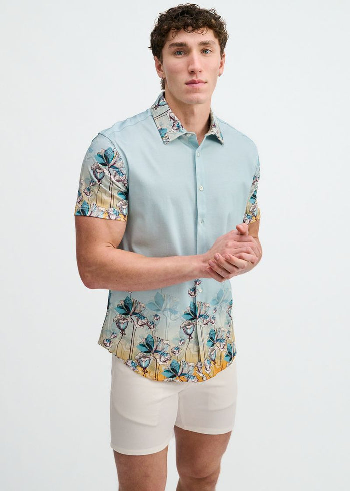 Teal/Ocean Floral Engineered Border Print Cotton Knit Jersey Short Sleeve Shirt St-9352