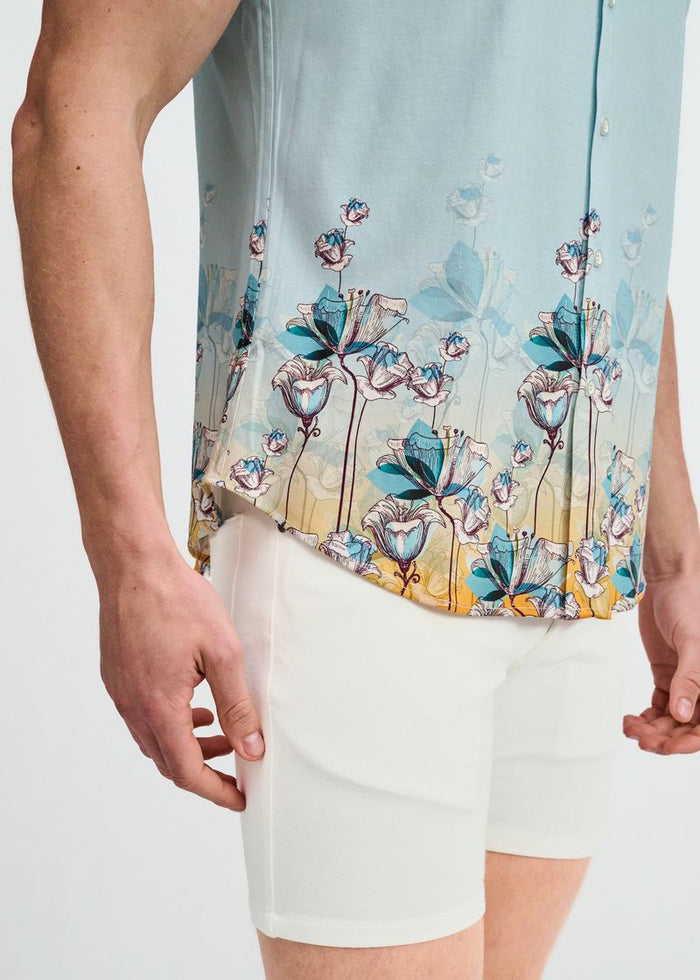 Teal/Ocean Floral Engineered Border Print Cotton Knit Jersey Short Sleeve Shirt St-9352
