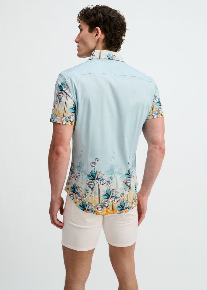 Teal/Ocean Floral Engineered Border Print Cotton Knit Jersey Short Sleeve Shirt St-9352