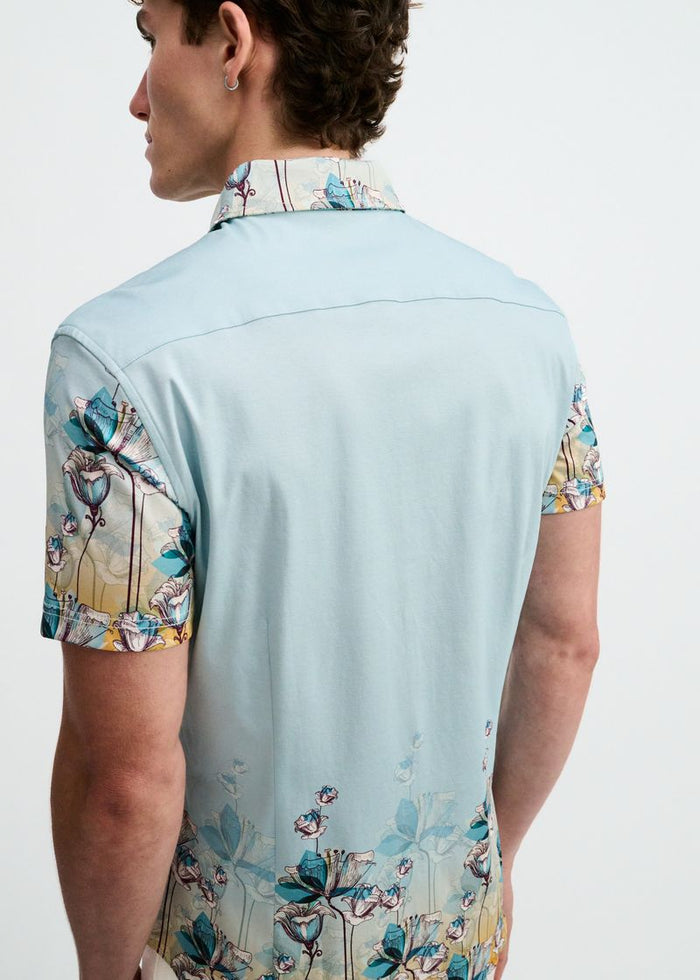 Teal/Ocean Floral Engineered Border Print Cotton Knit Jersey Short Sleeve Shirt St-9352