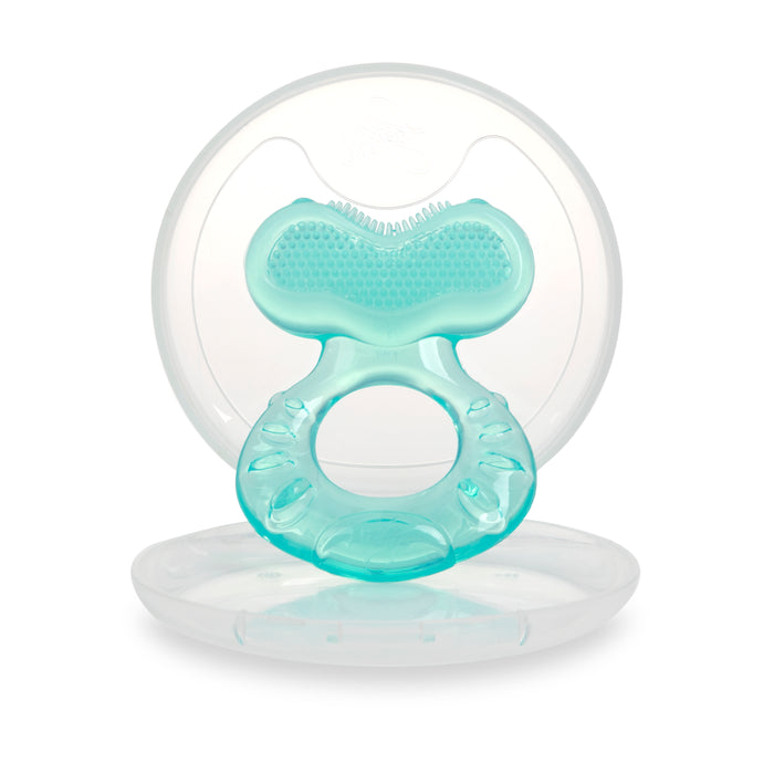 The Teethe-eez Silicone Teether, a translucent turquoise silicone teether with a textured top and circular handle, stands upright in front of its clear round storage case to provide soothing teething relief for your baby.