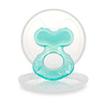 The Teethe-eez Silicone Teether, a translucent turquoise silicone teether with a textured top and circular handle, stands upright in front of its clear round storage case to provide soothing teething relief for your baby.
