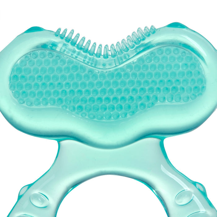 Close-up of the Teethe-eez Silicone Teether, featuring translucent blue silicone with a textured surface of raised bumps and ridges, designed to help soothe babies’ teething discomfort.