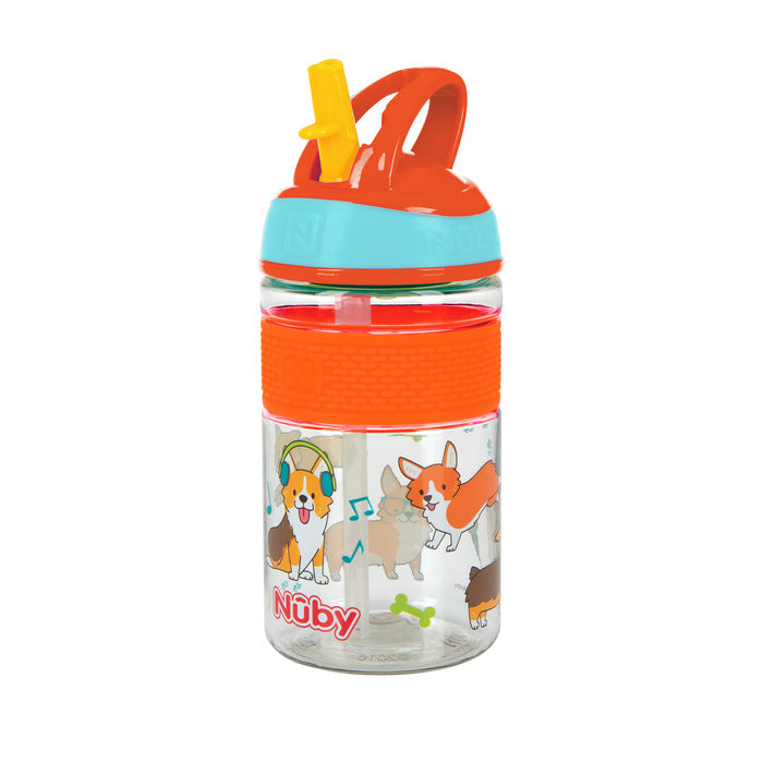 The Nuby Thirsty Kids FREE STYLE Hard Straw Water Bottle features a clear body, orange and turquoise lid, yellow straw, and fun corgi dog, music note, and bone designs. This break-resistant bottle is perfect for little hands.