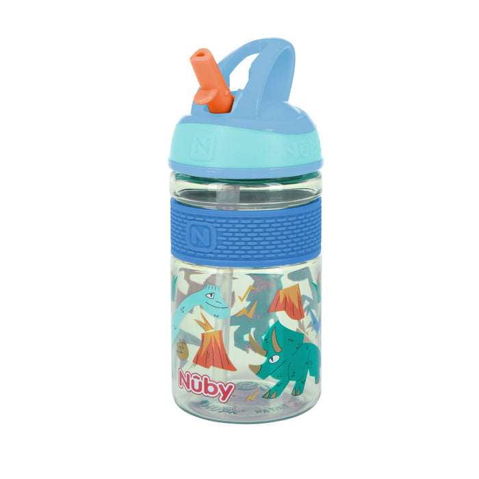 The Nuby Thirsty Kids FREE STYLE Hard Straw Water Bottle is a clear bottle with a blue lid, orange flip-up straw, and textured blue grip. Break-resistant, it features fun animal designs like an elephant and dinosaurs among trees.