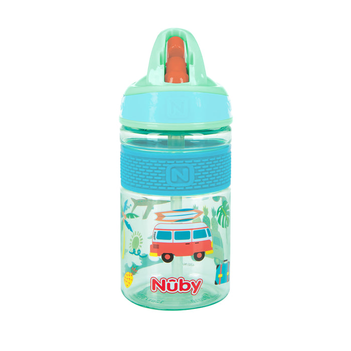 The Nuby Thirsty Kids FREE STYLE Hard Straw Water Bottle is a turquoise, break-resistant sippy cup with a built-in straw, blue grip, and vibrant design of a van, surfboards, pineapples, and tropical leaves—ideal for spill-proof sipping on the go.