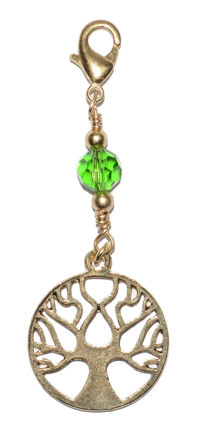 gold tree of life charm with green faceted bead and lobster clasp