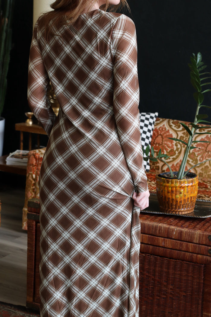 Trinity Mocha Plaid Long Sleeve Maxi Dress
