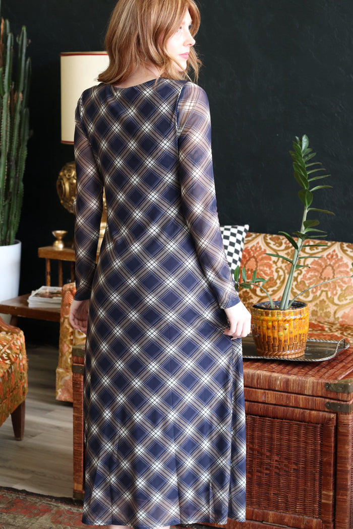 Trinity Navy Plaid Long Sleeve Maxi Dress