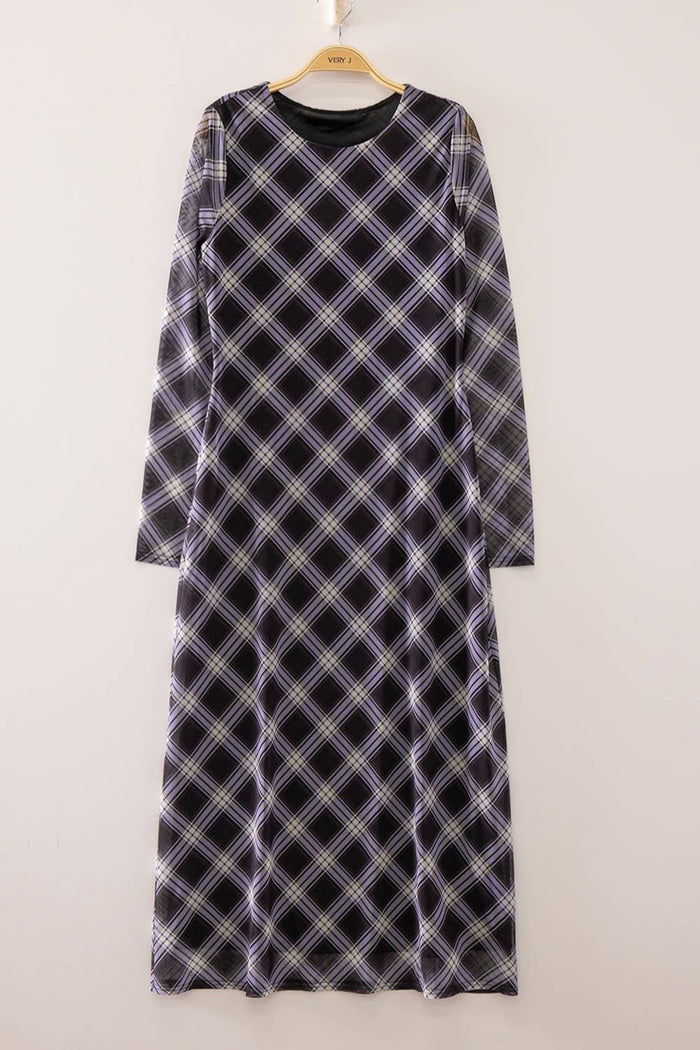 Trinity Navy Plaid Long Sleeve Maxi Dress