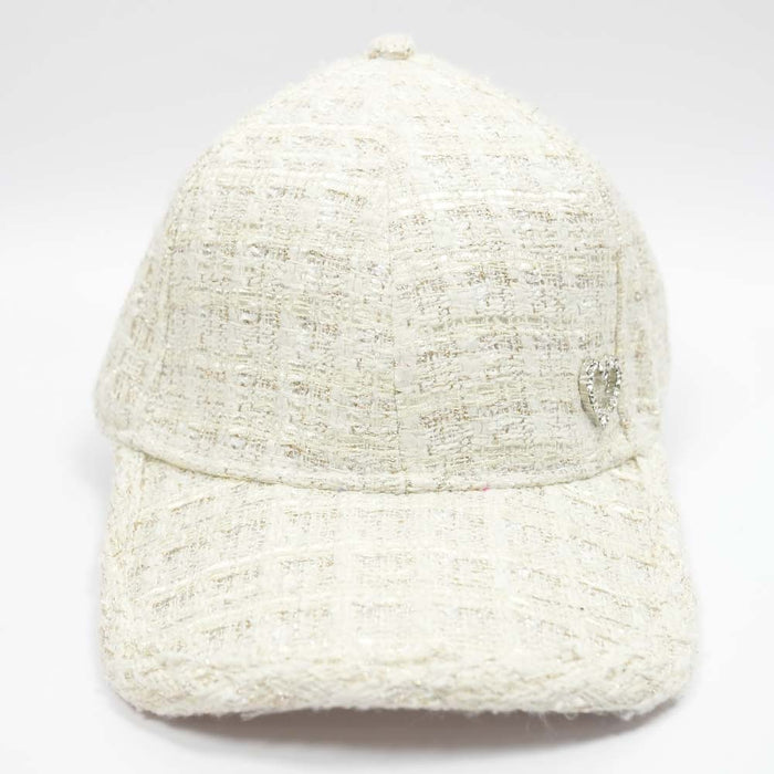 Tweed Baseball Cap with Heart Charm - White