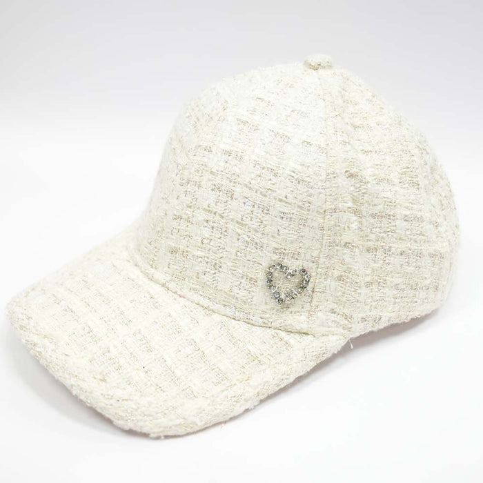 Tweed Baseball Cap with Heart Charm - White