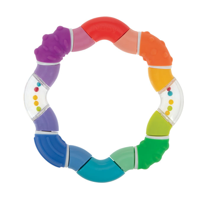 The Twista Rattle Teether Toy | Rattle Balls is a vibrant, circular baby sensory toy featuring textured purple, blue, green, yellow, orange, and red segments plus clear bead-filled sections for teething relief and playful rattling.