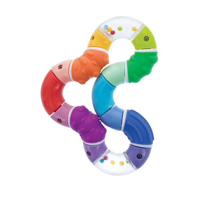 The Twista Rattle Teether Toy | Rattle Balls features colorful interlocking segments in red, orange, yellow, green, blue, purple, and clear sections with multicolored beads—perfect as a baby teether and teething toy.