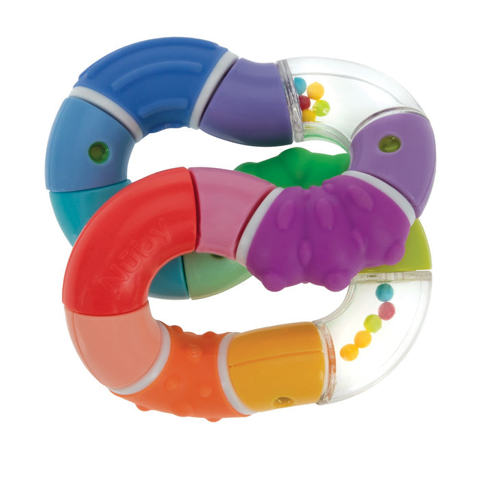 The Twista Rattle Teether Toy | Rattle Balls features interconnected blue, purple, red, orange, yellow, and green segments—some textured for teething relief and some clear with colorful beads—making it an ideal baby sensory toy.