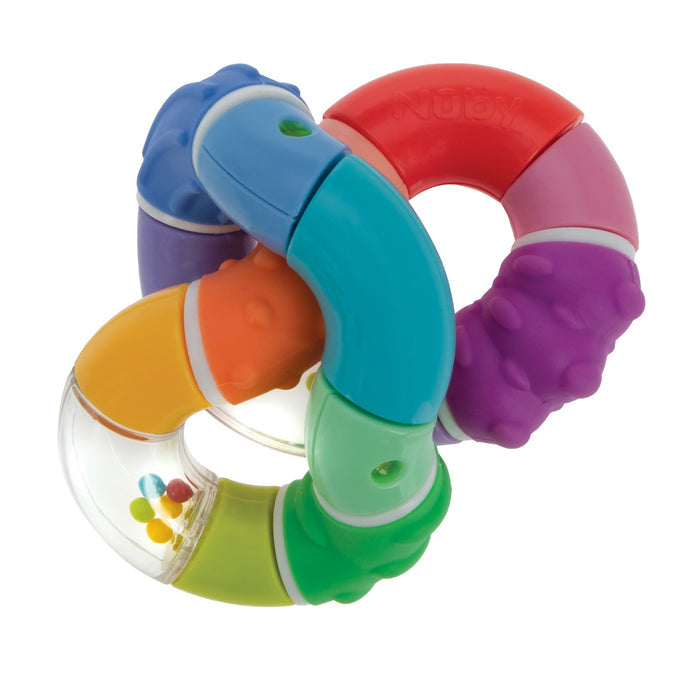 The Twista Rattle Teether Toy | Rattle Balls has interlocking rings in bright colors, textured sections, and a clear segment with small beads, providing sensory fun and teething relief for babies.