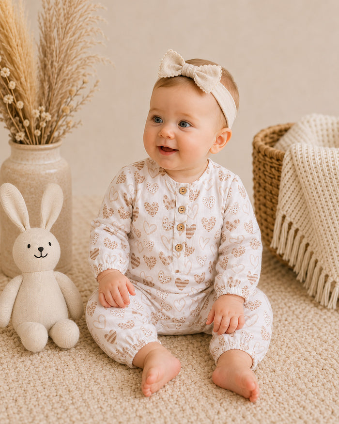 Baby Girl Wearing Wild Hearts Button Front Baby Jumpsuit, Organic Muslin by Viverano