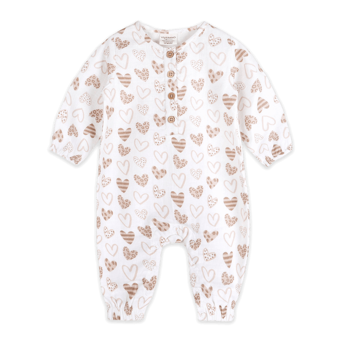 Wild Hearts Button Front Baby Jumpsuit (Organic Muslin) - Front