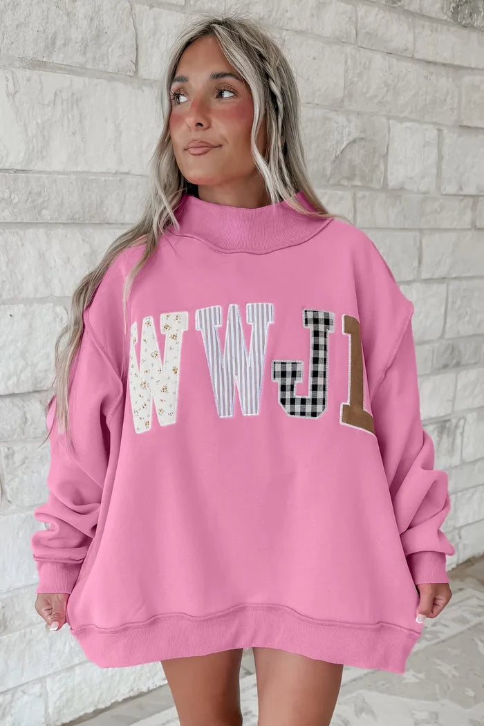 WWJD Mixed Pattern Embroidered Mock Neck Sweatshirt - Pink OR Brown