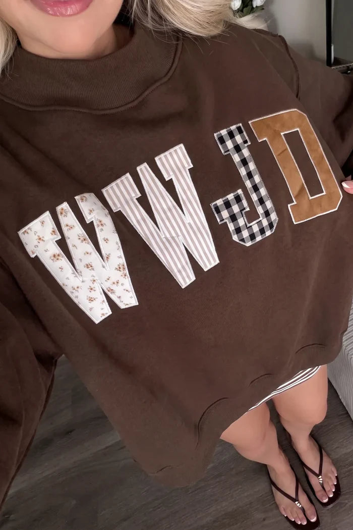 WWJD Mixed Pattern Embroidered Mock Neck Sweatshirt - Pink OR Brown