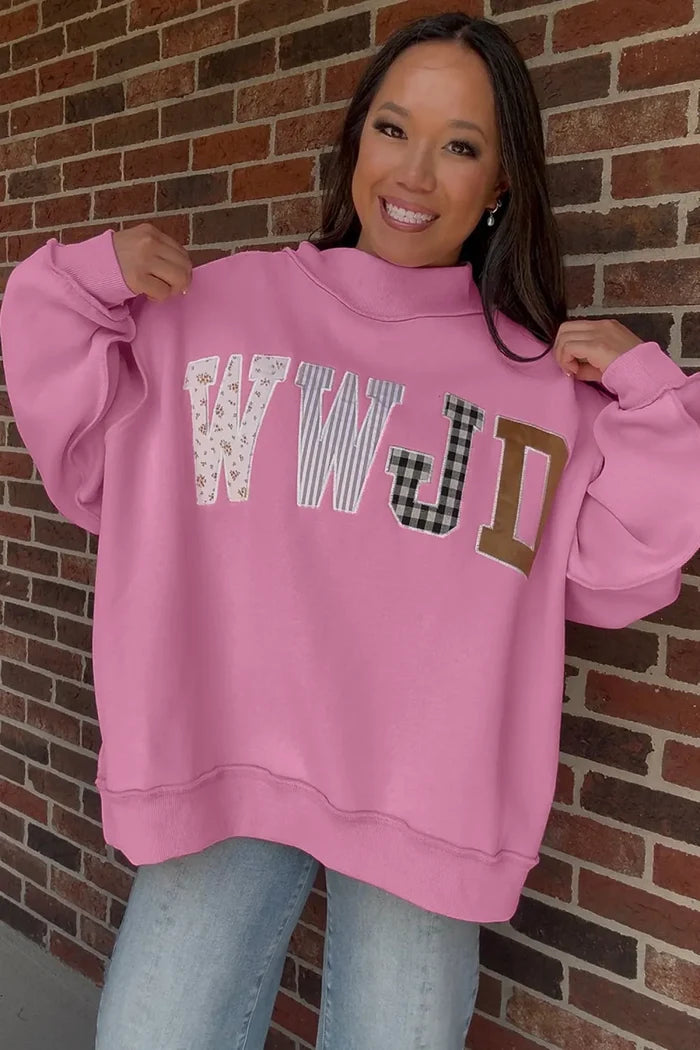 WWJD Mixed Pattern Embroidered Mock Neck Sweatshirt - Pink OR Brown