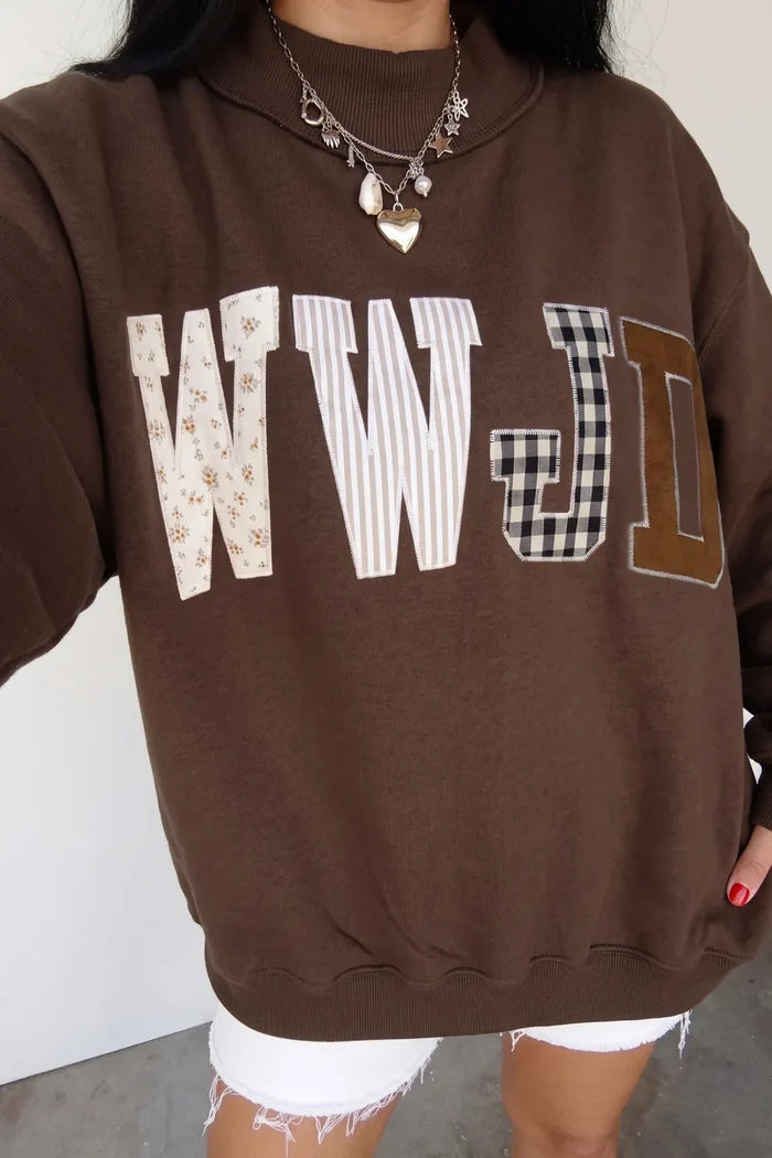 WWJD Mixed Pattern Embroidered Mock Neck Sweatshirt - Pink OR Brown