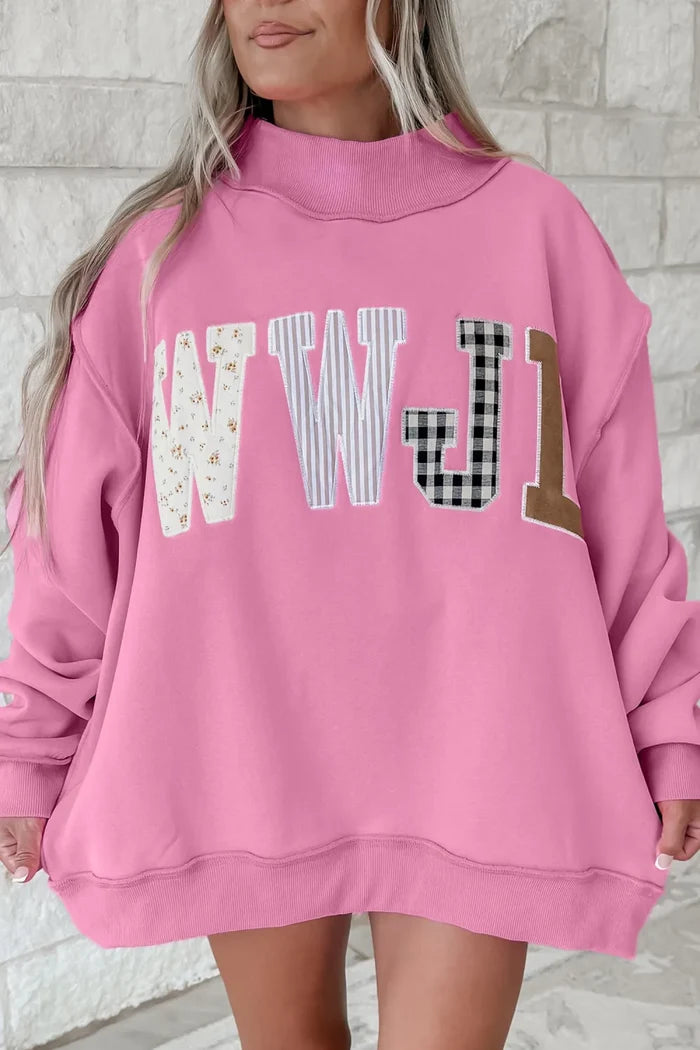 WWJD Mixed Pattern Embroidered Mock Neck Sweatshirt - Pink OR Brown
