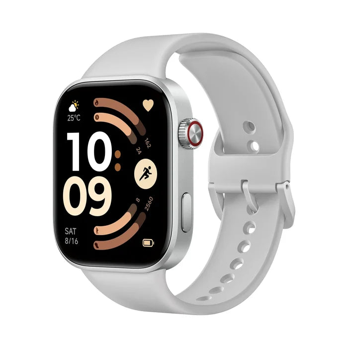 Xiaomi Redmi Watch 6 in het zilver schuin van rechtsvoor op witte achtergrond