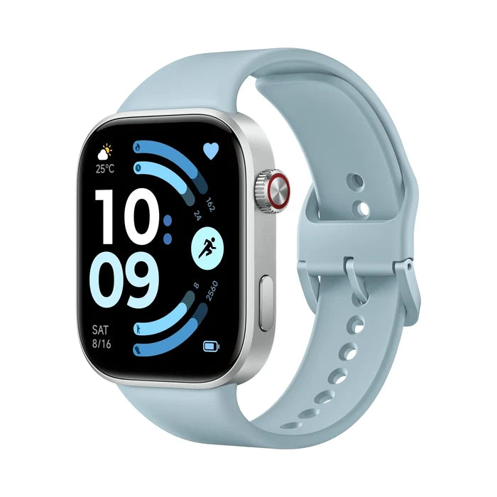 Xiaomi Redmi Watch 6 in het blauw schuin van rechtsvoor op witte achtergrond