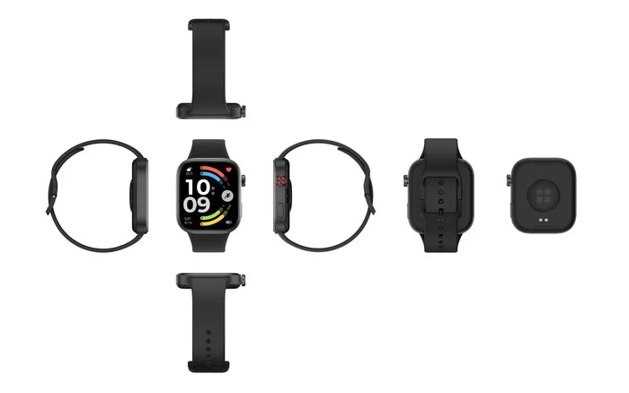 Zes aanzichten van de Xiaomi Redmi Watch 6 in het zwart