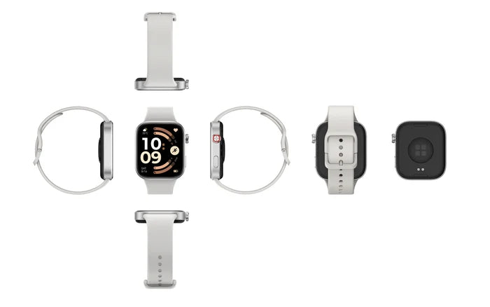 Zes aanzichten van de Xiaomi Redmi Watch 6 in het zilver