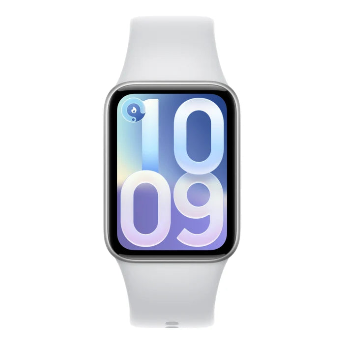 Vooraanzicht van de Xiaomi Smart Band 10 Pro in het zilver met leeg scherm